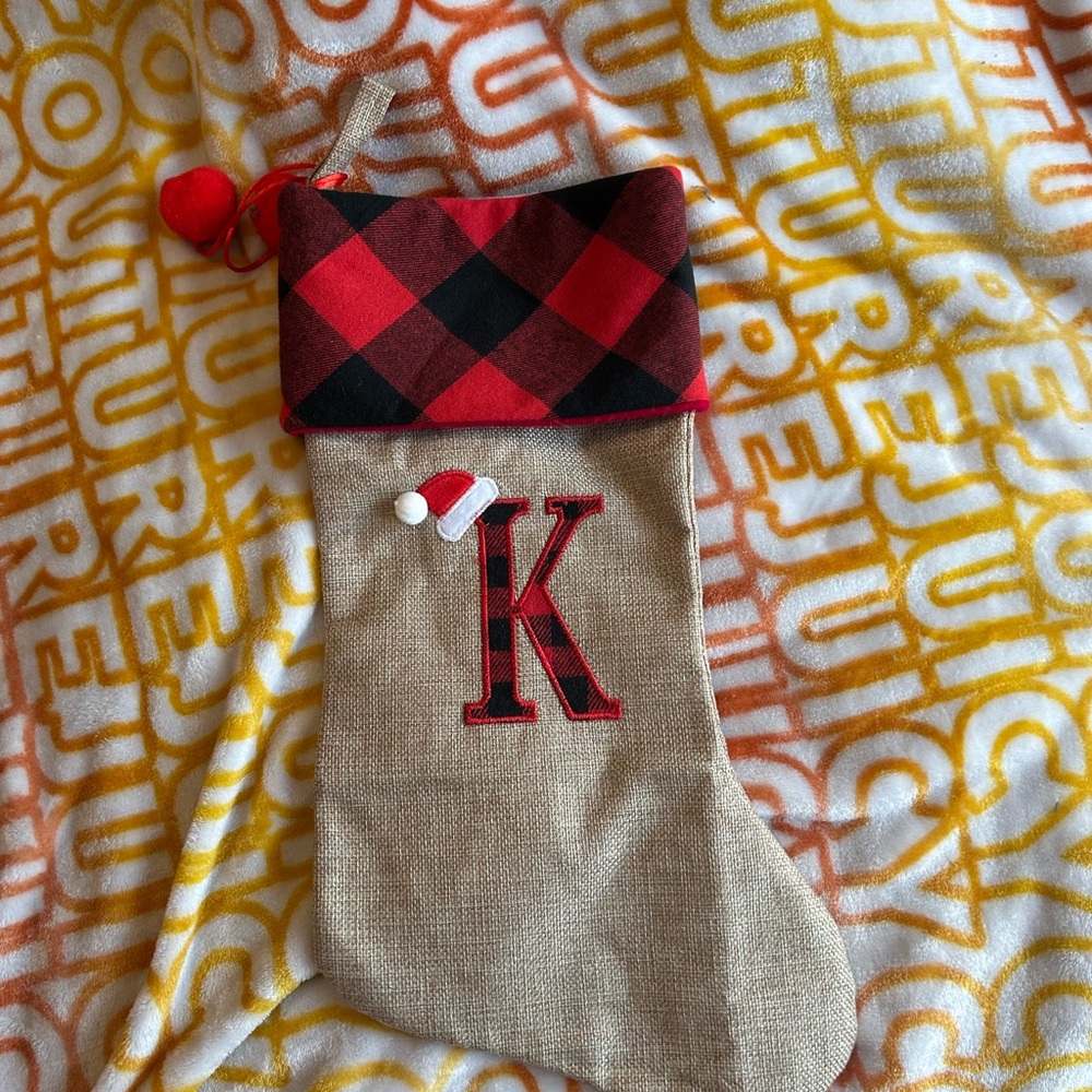 Plaid Christmas Stocking with Initial 'K'